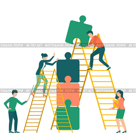 Company teamwork, people working together. Workers moving towards success using puzzles with help of ladders. Office employees group collect idea, new strategy. Partnership, startup and cooperation. Company teamwork working together. Workers moving towards success using puzzles with help of ladders. Стоковая иллюстрация, агентство Ingram Publishing / Фотобанк Лори