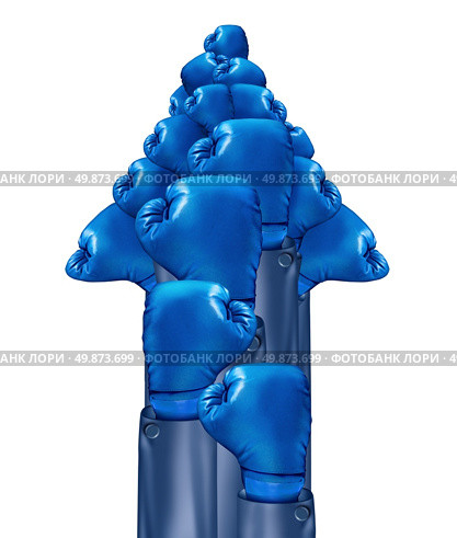 Competing for growth with a group of boxing glovesworking together in the shape of an upward direction arrow sign for business success and wealth journey for financial profit isolated on a white background. Стоковое фото, агентство Ingram Publishing / Фотобанк Лори