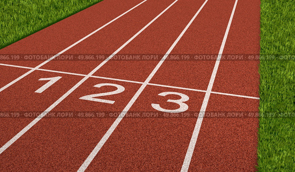 Competition sport concept at the starting line as a business symbol of the metaphore saying ready set go for the beginnings of a planned strategy for success as represented by a track and field stadium background as an icon of opportunity and setting goals. Стоковое фото, агентство Ingram Publishing / Фотобанк Лори