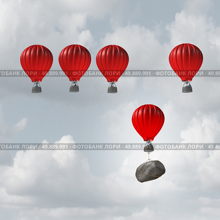 Competitive struggle and business disadvantage or disability concept as a group of hot air balloons racing to the top but an individual laggard attached to a heavy rock boulder struggling to compete as a 3D illustration. Стоковое фото, агентство Ingram Publishing / Фотобанк Лори