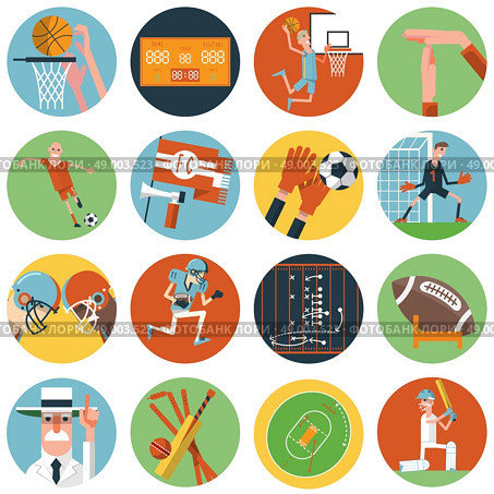 Competitive team sport matches with umpire referee arbiter symbols flat round icons set abstract vector isolated illustration. Team sport icons set flat. Стоковая иллюстрация, агентство Ingram Publishing / Фотобанк Лори