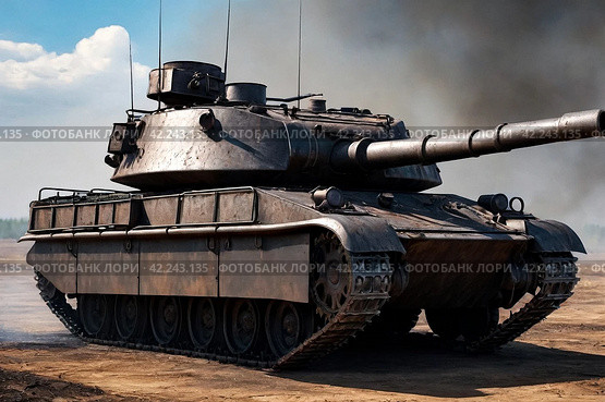 Completely burnt out and carbonized tank. Vehicle blown up by military shell burned abandoned machine during war operations. Copy ad text space. Стоковое AI-изображение, AI-художник Aleksandr Golubev / Фотобанк Лори
