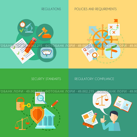 Compliance design concept set with regulations policies and requirements flat icons isolated vector illustration. Flat Compliance Set. Стоковое фото, агентство Ingram Publishing / Фотобанк Лори