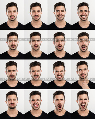 Composite of multiple portraits of the same man in different expressions. Стоковое фото, агентство Ingram Publishing / Фотобанк Лори