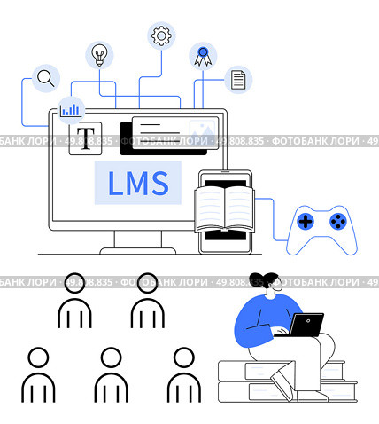 Computer displaying LMS features including text, data, images, book, and gamer controller. Users and a person with a laptop engaged in learning. Ideal for eLearning, education, online courses, user. Learning Management System Design with Education Tools and User Interaction Elements. Стоковая иллюстрация, агентство Ingram Publishing / Фотобанк Лори