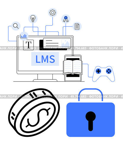 Computer displaying LMS interface, connected to various icons including lightbulb, gear, certificate, book, game controller, dollar coin, and padlock. Ideal for e-learning online courses digital. Educational Tools and Technologies in Learning Management System with Security and Monetization. Стоковая иллюстрация, агентство Ingram Publishing / Фотобанк Лори