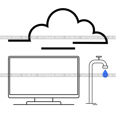 Computer monitor beneath cloud icon, water faucet dripping blue water drop. Ideal for technology, cloud data transfer, IT infrastructure, data flow, online services, digital usage, and metaphorical. Cloud Computing Data Flow from Cloud to Computer with Water Faucet Metaphor. Стоковая иллюстрация, агентство Ingram Publishing / Фотобанк Лори