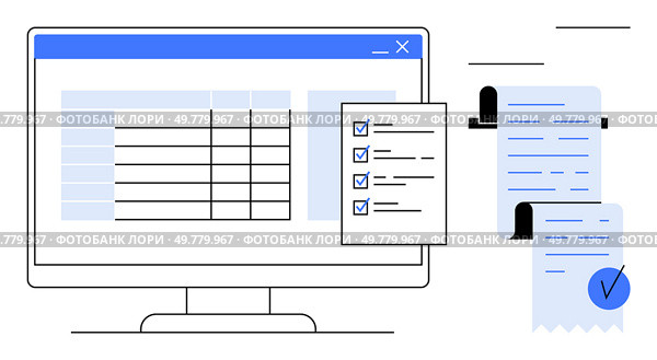 Computer monitor displaying a table and checklist alongside printed receipts. Ideal for task management, digital organization, financial tracking, productivity tools, office work, project planning. Digital Task Management and Organization with Checklists and Receipts on Monitor Screen. Стоковая иллюстрация, агентство Ingram Publishing / Фотобанк Лори