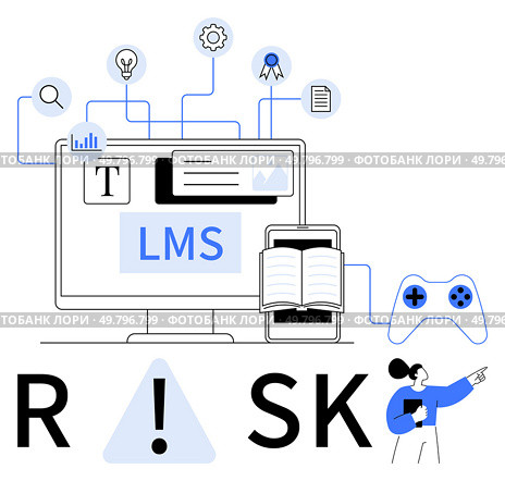 Computer monitor displaying LMS software icons interconnected with search, gear, certificate, document icons, book, game controller, and person pointing. Ideal for e-learning, education risk. Conceptual Design Highlighting Learning Management System with Elements of Technology and Risk. Стоковая иллюстрация, агентство Ingram Publishing / Фотобанк Лори