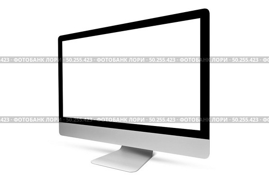 Computer monitor with blank mockup screen for work and play games on a white background with copy space.. Computer display with blank mockup screen on white background. Стоковое фото, агентство Ingram Publishing / Фотобанк Лори