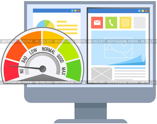 Computer monitor with speed test on screen. Load speed vector time. web browser with speedometer test showing fast good page load speed time illustration, seo analyzer. Internet site quick traffic. Computer monitor with speed test on screen. Internet site quick traffic. Load speed vector time. Стоковая иллюстрация, агентство Ingram Publishing / Фотобанк Лори