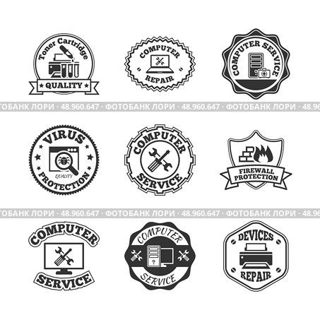 Computer software virus control and peripheral devices repair professional quality service labels set black  isolated vector illustration. Стоковая иллюстрация, агентство Ingram Publishing / Фотобанк Лори