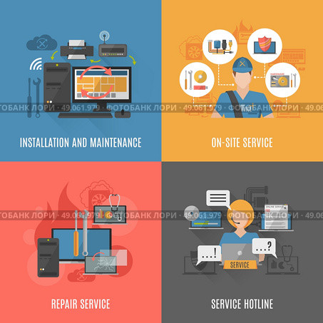Computers repair 4 flat icons square . Computers installation maintaining and repair online service 4 flat icons square composition banner abstract isolated vector illustration. Стоковая иллюстрация, агентство Ingram Publishing / Фотобанк Лори