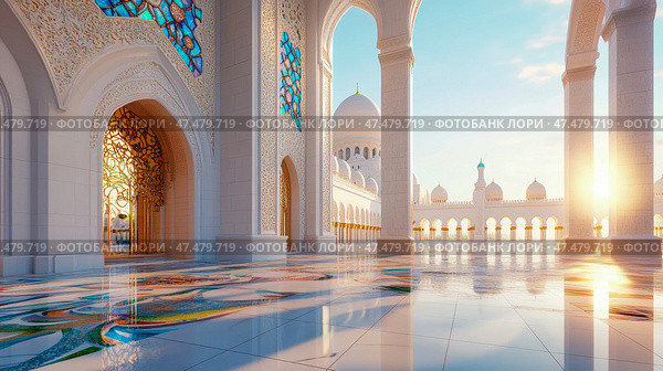 Concept: Grand Architecture, Design for Print: Serene Muslim Landmark with Intricate Arches, Ornate Stained Glass, and Sunlit Dome. Стоковое AI-изображение, AI-художник Данила Большаков / Фотобанк Лори