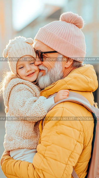 Concept: Intergenerational Bond, Grandfather and Granddaughter Embrace: Capturing a heartwarming moment of love and affection between generations. Стоковое AI-изображение, AI-художник Данила Большаков / Фотобанк Лори