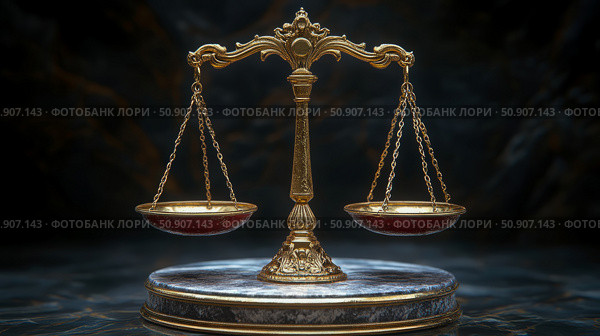 Concept: Justice and fairness. Golden scales of justice on a marble base, symbolizing balance and moral integrity. Стоковое AI-изображение, AI-художник Данила Большаков / Фотобанк Лори