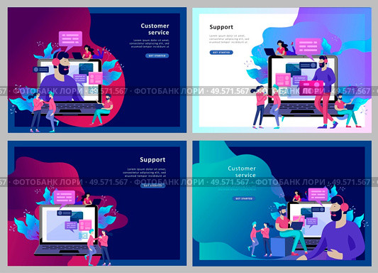 Concept Landing page template customer service, male hotline operator advises client, online global technical support, customer and operator. Concept Landing page template customer service, male hotline operator advises client, online global technical support, customer. Стоковая иллюстрация, агентство Ingram Publishing / Фотобанк Лори