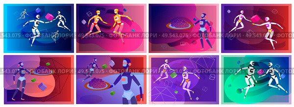 Concept of Artificial Intelligence and Cyber Monday, futuristic cyberpunk design, cyborgs work on surrealistic project, modern nano technology for website and mobile website. Landing page template. Concept of Artificial Intelligence and Cyber Monday, futuristic cyberpunk design, cyborgs work on surrealistic project, modern nano technology for website and mobile website. Landing page. Стоковая иллюстрация, агентство Ingram Publishing / Фотобанк Лори