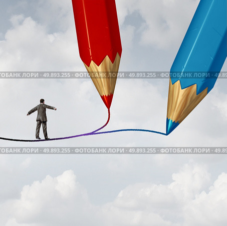 Concept of business direction as a businessman walking on a highwire drawn by two pencils as a crossroad challenge to choose the correct path or pathway to success with 3D illustration elements. Стоковое фото, агентство Ingram Publishing / Фотобанк Лори