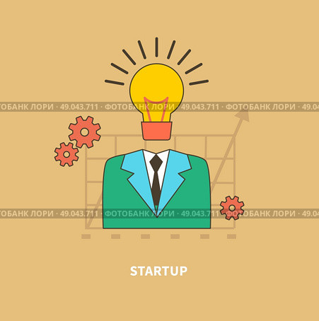 Concept of business process, worlflow. Idea as the beginning of a startup. Eureka. A man with a head lamp. For web design, analytics, graphic design and in flat design on colored background. Стоковая иллюстрация, агентство Ingram Publishing / Фотобанк Лори