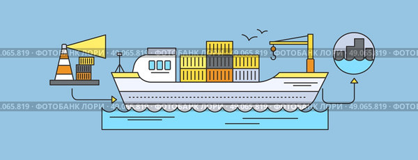 Concept of Freight Forwarding by sea. Transport delivery, shipping import industry, distribution and logistic, export railway transportation. Set of thin, lines, outline flat icons. Стоковая иллюстрация, агентство Ingram Publishing / Фотобанк Лори