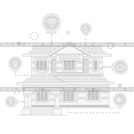 Concept of smart home and control device. Technology device, system mobile automation, monitoring energy power, electricity efficiency, equipment temperature, smart house, remote thermostat. Стоковая иллюстрация, агентство Ingram Publishing / Фотобанк Лори