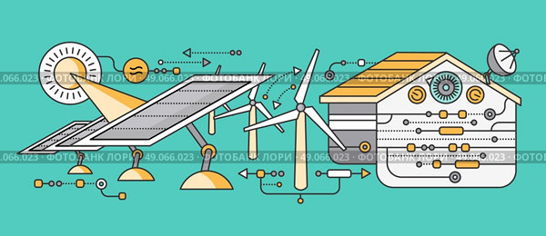 Concept of smart home and control device. Technology device, system mobile automation monitoring energy power electricity efficiency, equipment temperature, remote thermostat. Smart house illustration. Стоковая иллюстрация, агентство Ingram Publishing / Фотобанк Лори