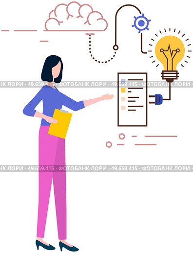 Concept of type of mental thinking with woman with logical and mathematical mindset. Female character looks at sequence of symbols. Structural representation of human thinking, individual mind. Concept of type of mental thinking with woman with logical and mathematical mindset representation. Стоковая иллюстрация, агентство Ingram Publishing / Фотобанк Лори