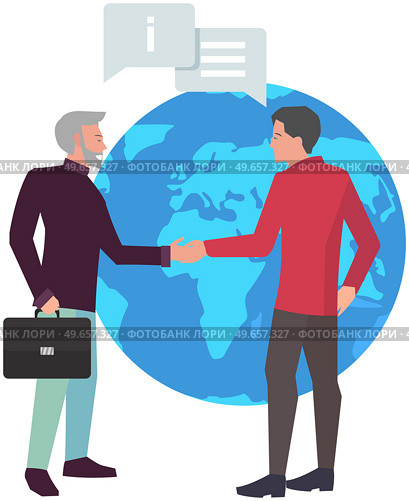 Concluding international transactions concept. People handshaking, agreeing on deal, personal helper, hotline support. Businessmen make deal, shaking hands, sign contract on background of planet. Businessmen making deal, shaking hands, signing contract, agreeing on background of planet. Стоковая иллюстрация, агентство Ingram Publishing / Фотобанк Лори