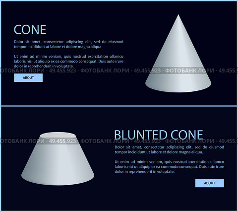Cone and blunted cone vector illustration, text sample and push buttons white geometric figures two varied form prisms, round shape. Cone and Blunted Cone Prisms Vector Illustration. Стоковая иллюстрация, агентство Ingram Publishing / Фотобанк Лори