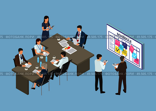 Conference, business seminar of partners team vector. Table with working hours, schedule timetable with sticky memo notes and stickers with task info. Conference, Business Seminar of Partners Team. Стоковая иллюстрация, агентство Ingram Publishing / Фотобанк Лори