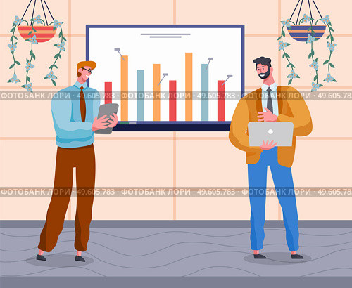 Confident smiling businessmen wearing office suits holding laptop and tablet in hands and show presentation at digital board. Visualisation of strategy, plan, finance growing. Office interior. Confident businessmen show presentation at digital screen, statistic, graphic, finance growing. Стоковая иллюстрация, агентство Ingram Publishing / Фотобанк Лори
