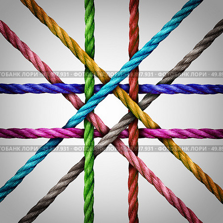 Connected centralized networking and central network connection business concept as a group of diverse ropes that connect to a centered point as a square shape network metaphor for connectivity and linking together as a strong support structure. Стоковое фото, агентство Ingram Publishing / Фотобанк Лори