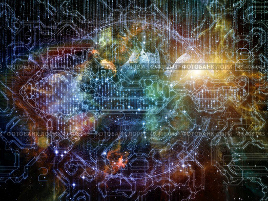 Connected Reality series. Design composed of numbers, graphic elements, lights as a metaphor on the subject of  metaphysics, religion, philosophy, science and modern technology. Стоковое фото, агентство Ingram Publishing / Фотобанк Лори