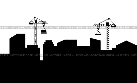 Construction of new buildings vector, megapolis expanding cranes with materials for new estates silhouette of cityscape. Skyline of small town flat style. Cityscape Monochrome Buildings and Cranes Vector. Стоковая иллюстрация, агентство Ingram Publishing / Фотобанк Лори