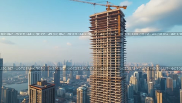 Construction of tall building in urban skyline against clear sky. Стоковое AI-видео, аниматор Андрей Бажанов / Фотобанк Лори