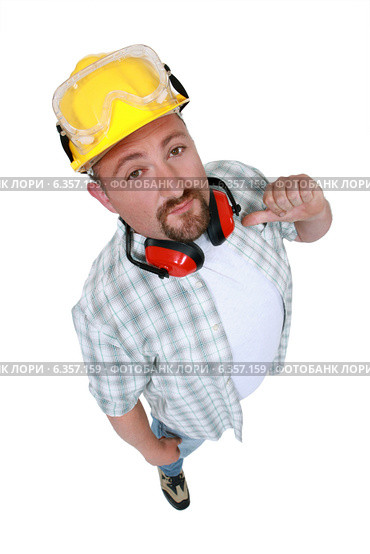 Construction worker indicating himself. Стоковое фото, фотограф Phovoir Images / Фотобанк Лори