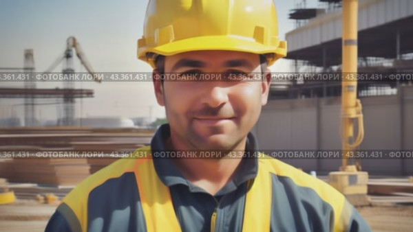 Construction worker with courageous look in helmet on construction background. Стоковое AI-видео, аниматор Юрий Поздников / Фотобанк Лори