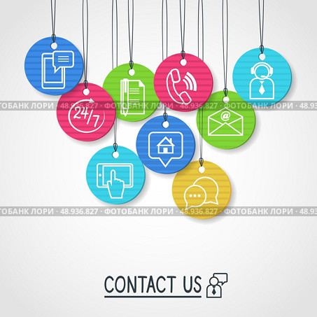 Contact us cardboard labels and tags set of email phone communication and representative person vector illustration. Стоковая иллюстрация, агентство Ingram Publishing / Фотобанк Лори