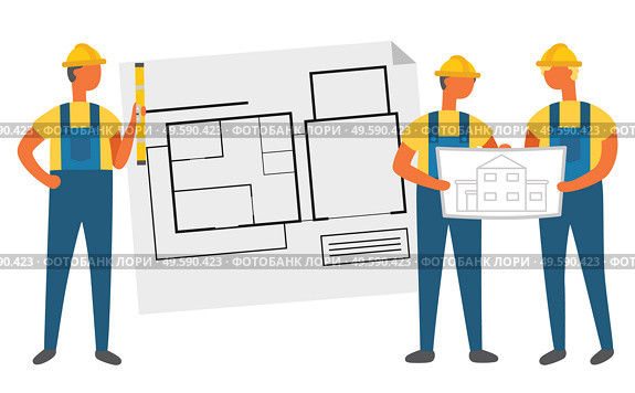 Contactors holding engineering project, man builder with ruler. Portrait view of repairs characters wearing helmet and work clothes, building plan vector. Building Project, Builder with House Plan Vector. Стоковая иллюстрация, агентство Ingram Publishing / Фотобанк Лори