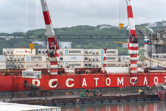 Container terminal commercial sea port, unloaded container ship Sevmorput - Russian nuclear-powered icebreaker lighter aboard ship carrier (2019 год). Редакционное фото, фотограф А. А. Пирагис / Фотобанк Лори