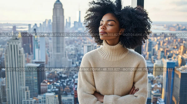 Contemplation above Metropolis: Woman meditates gazing at Cityscape from High-Rise, seeking solace and reflection in urban panorama. Стоковое AI-изображение, AI-художник Данила Большаков / Фотобанк Лори