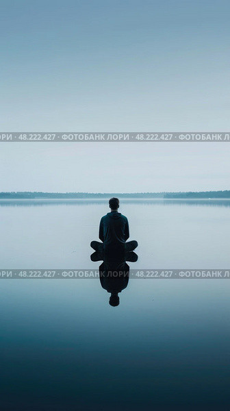 Contemplative Individual Meditates by Tranquil Lake at Dusk. Стоковое AI-изображение, AI-художник Данила Большаков / Фотобанк Лори