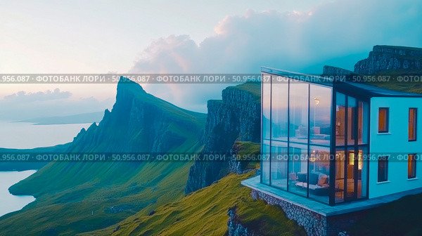 Contemporary cliffside abode with panoramic glass views overlooking a tranquil fjord and majestic mountains, peaceful retreat for serene living. Стоковое AI-изображение, AI-художник Данила Большаков / Фотобанк Лори
