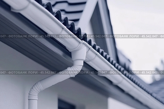 Contemporary Gutter Installed on a Residential House Roof to Enhance Functionality. Clean well maintained rain gutter system. Roof architecture effectively. Polymer storm drainage. Home architectural. Стоковое AI-изображение, AI-художник Марина Демидюк / Фотобанк Лори