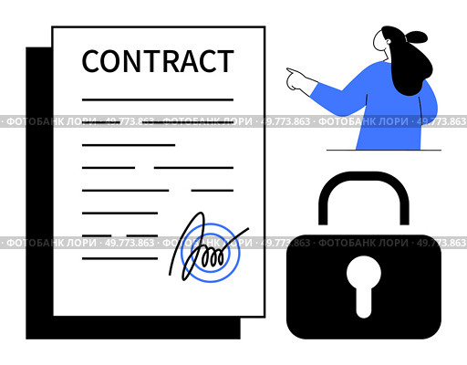 Contract document with signature lock symbol and person pointing included. Ideal for legal agreements, document security, business deals, contractual obligations and e-signatures themes. Minimalist. Contract Document with Signature Lock Symbol and Person Pointing Illustration. Стоковая иллюстрация, агентство Ingram Publishing / Фотобанк Лори