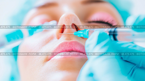 Cosmetic Procedure: Close-up of nose injection for aesthetic enhancement, facial rejuvenation and non-surgical face-lift, design for advertisement. Стоковое AI-изображение, AI-художник Данила Большаков / Фотобанк Лори