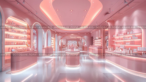 Cosmetic store in light pastel colors with cosmetics. Стоковое AI-изображение, AI-художник Margarita Davchenko / Фотобанк Лори