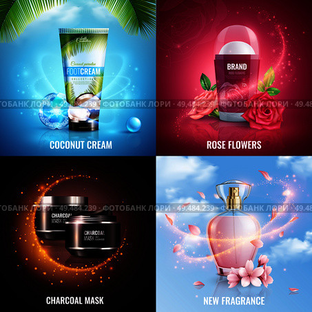 Cosmetics 2x2 design concept with coconut cream rose flowers charcoal mask and new fragrance square icons decorated with magic flying glitters effect realistic vector illustration. Стоковая иллюстрация, агентство Ingram Publishing / Фотобанк Лори