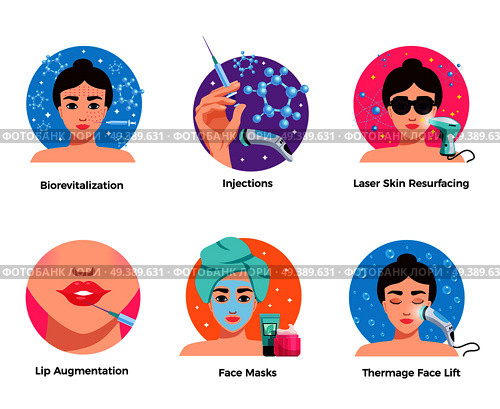 Cosmetology 6 flat round icons concept with laser skin resurfacing face lift lip augmentation isolated vector illustration . Cosmetology Flat  Set Concept . Стоковая иллюстрация, агентство Ingram Publishing / Фотобанк Лори